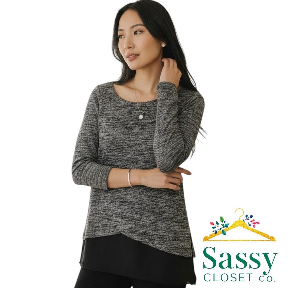 WHBM Black White Heathered Long Sleeve Overlay Top Rayon Blend XS EUC